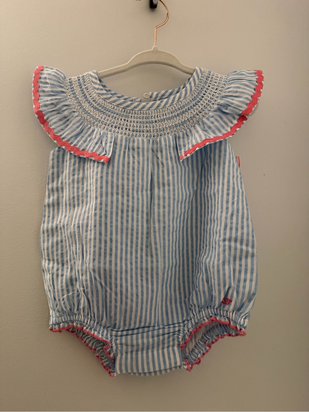 Vineyard Vines Blue & White Striped Baby Romper with Pink Trim